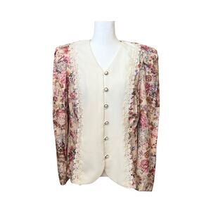 Vtg 80s Torino Fashion Floral Blazer 14P Lace Pearl Buttons Cottagecore Romantic